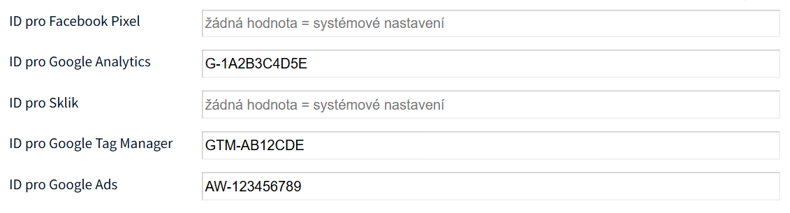 Pole pro ID Facebook Pixel, Google Analytics, Sklik, Google Tag Manager a Google Ads ve výchozím nastavení účtu