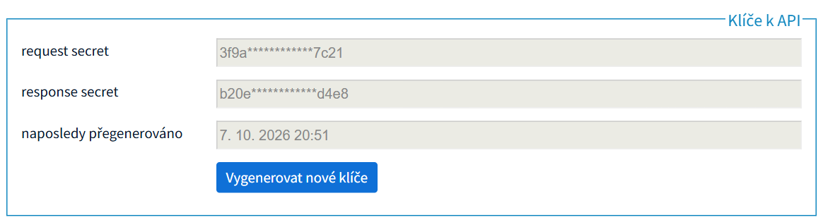 Skupina Klíče k API se zamaskovanými klíči request secret a response secret, časem posledního přegenerování a tlačítkem Vygenerovat nové klíče