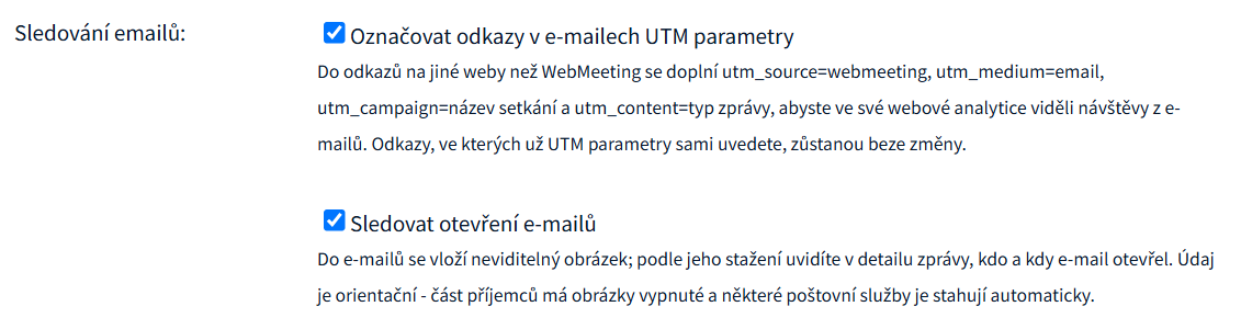 Skupina Sledování emailů se zaškrtávacími volbami Označovat odkazy v e-mailech UTM parametry a Sledovat otevření e-mailů, každá s vysvětlivkou